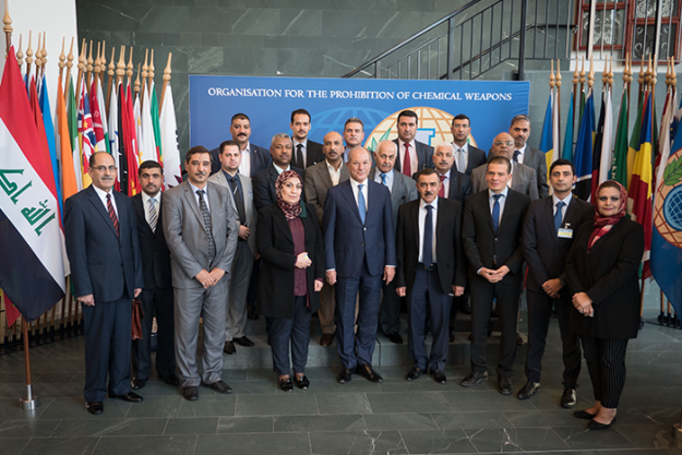 A delegation from Iraq visiting the OPCW Headquarters are received by the Director-General of the Organisation for the Prohibition of Chemical Weapons (OPCW), Ambassador Ahmet Üzümcü.