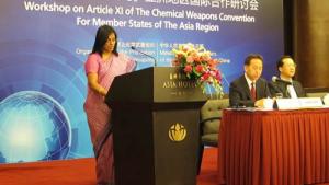 The OPCW Deputy Director-General, Mrs Grace Asirwatham, addresses the first Workshop on Article XI of the Chemical Weapons Convention (CWC) for States Parties in the Asia region.