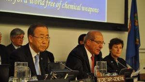 The United Nations Secretary-General, Mr. Ban Ki-moon, and the OPCW Director-General, Mr. Ahmet Üzümcü at the high-level meeting at UN Headquarters in New York in October, 2012.