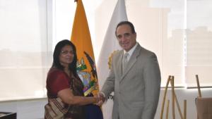 The OPCW Deputy Director-General, Mrs. Grace Asirwatham, with Ecuador's Minister of Industry and Productivity, Dr. Ramiro Gonzalez.